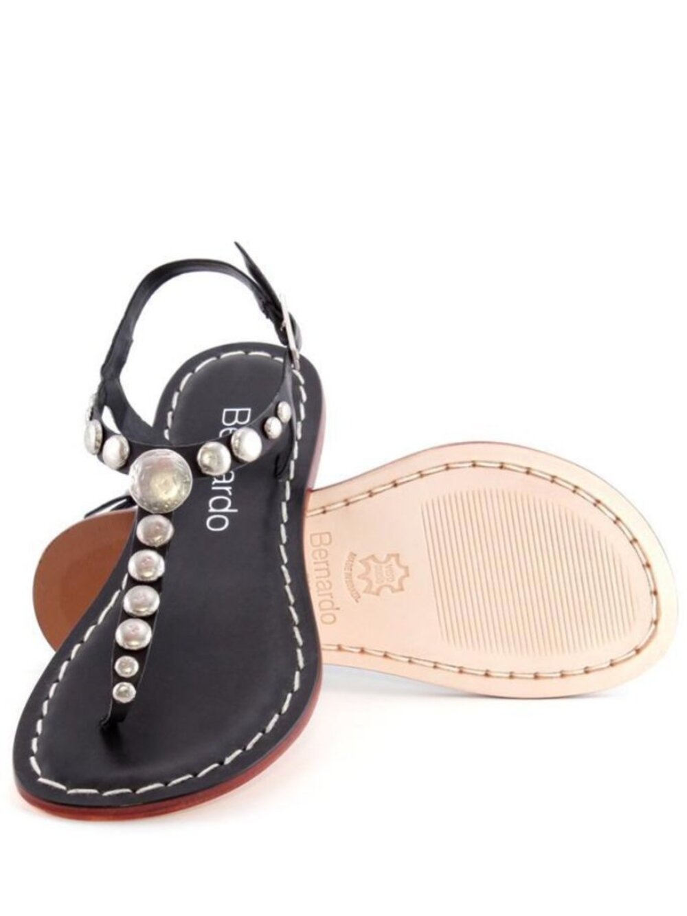 Bernardo Mojo Black Lux Calf T-Strap Studded Leather Sandal Size 5